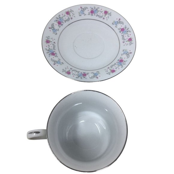 F.T.D.A 1987 Teacup and Saucer Set with Pink/Blue Flowers printed on both - Picture 4 of 5